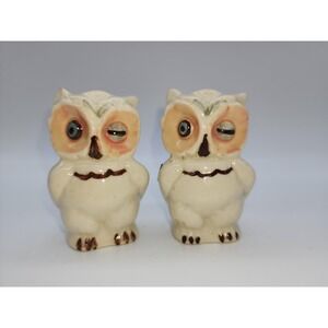 Vintage Ceramic Winking Owl Salt and Pepper Shakers Set Cream Brown Retro Decor